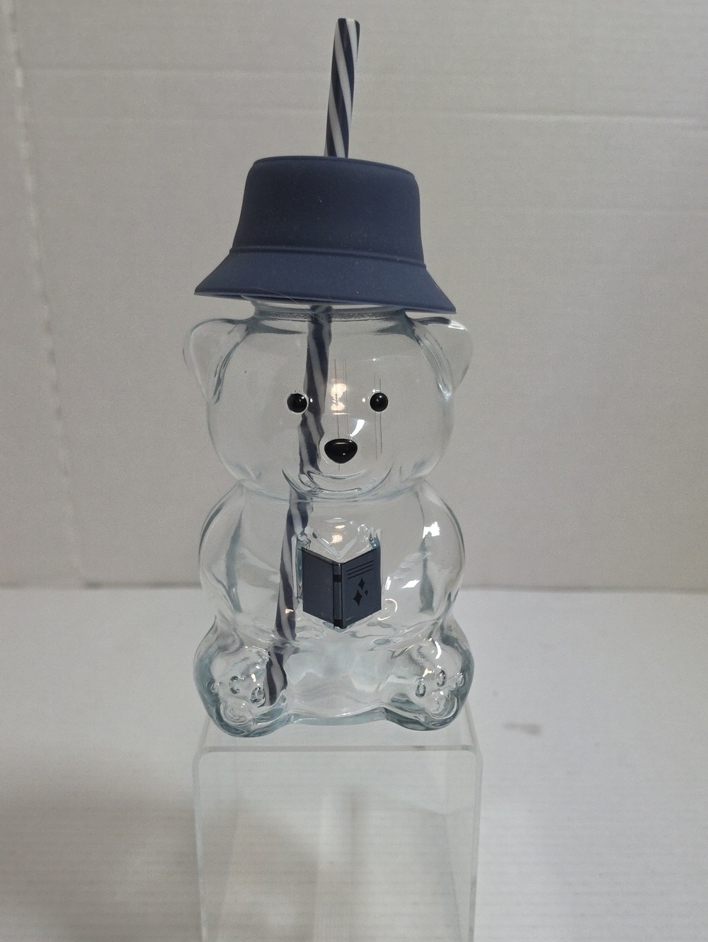 Teddy Bear Shaped 19oz Glass Tumbler with Navy Bucket Hat Lid & Straw